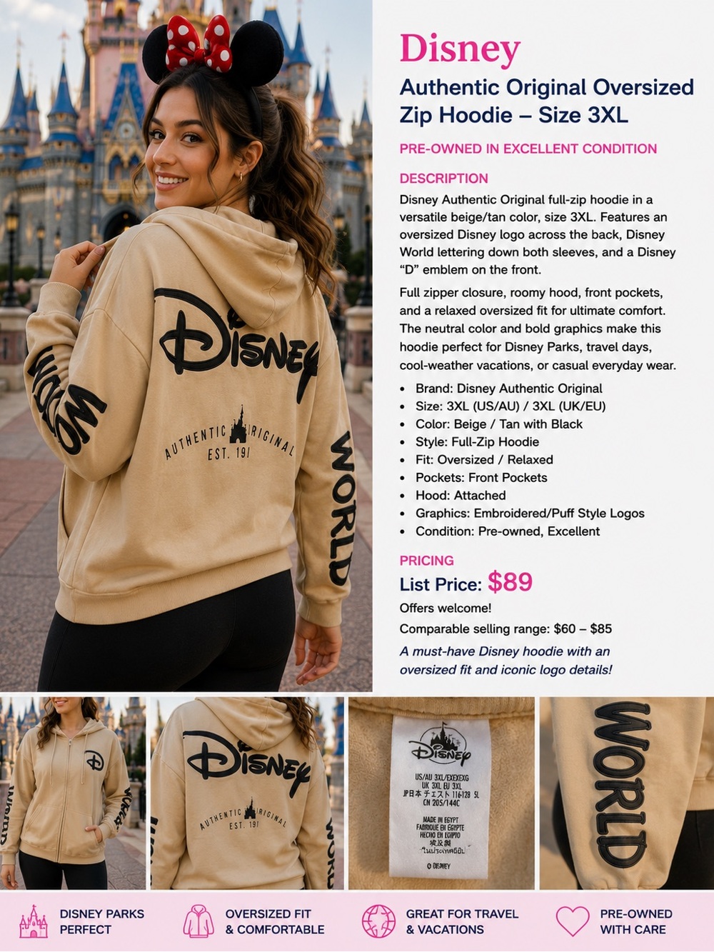 Disney Beige/Tan Oversized Zip Hoodie with Black Disney Logo